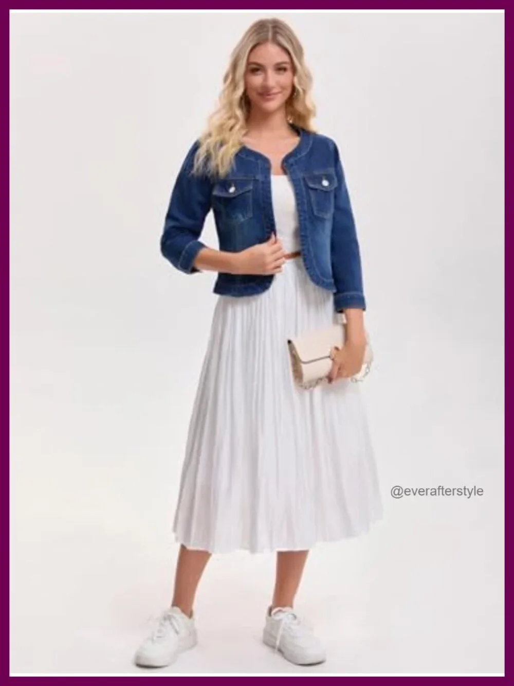 Collarless Denim Jacket 3/4 Sleeve Button Down Washed Jean Jacket